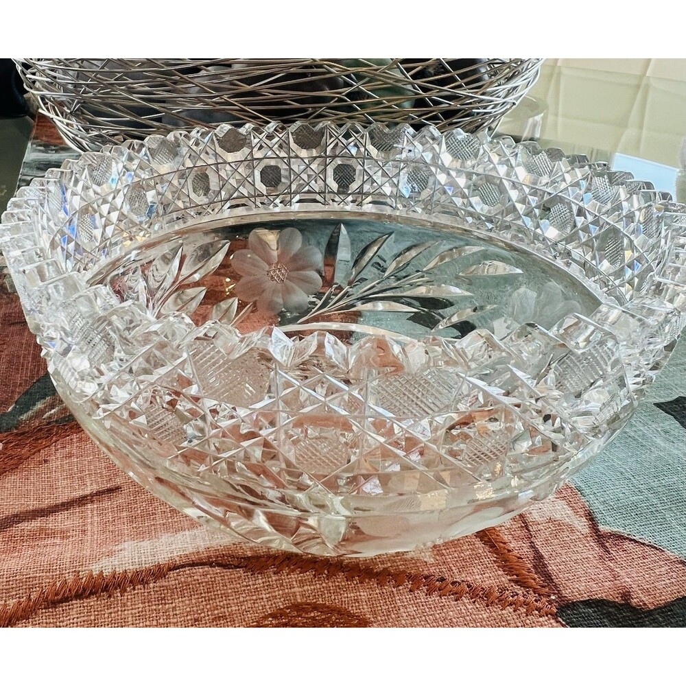 American Brilliant Period Cut Glass Bowl – Floral & Hobstar Design
